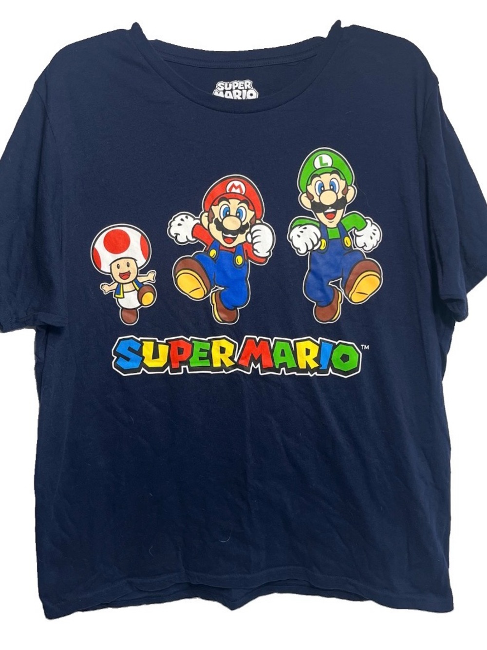 Super Mario Graphic Navy Blue Large T-Shirt Mario Luigi & Toad Tagless Crew Neck
